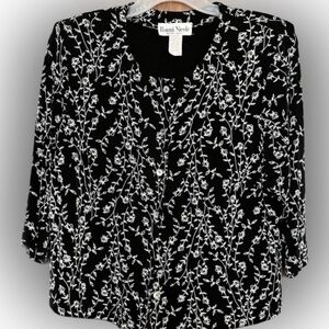 💥Floral Black Blouse Ronni Nicole Petite Button Front 3/4 Sleeves 18W Petite